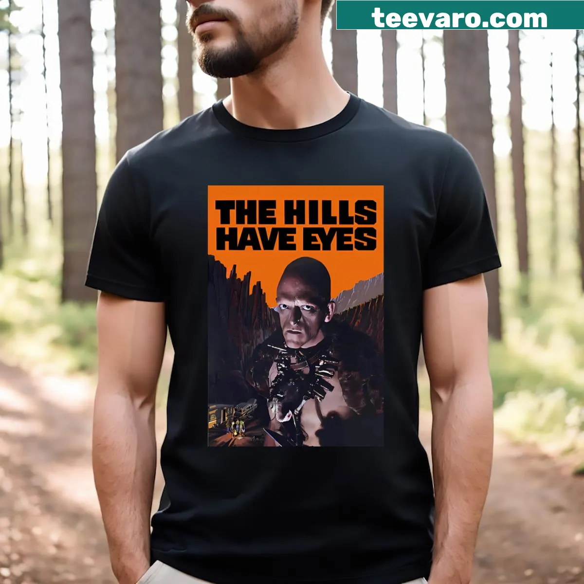 Horror-themed T-shirt inspired by The Hills Have Eyes film — on a men's t-shirt