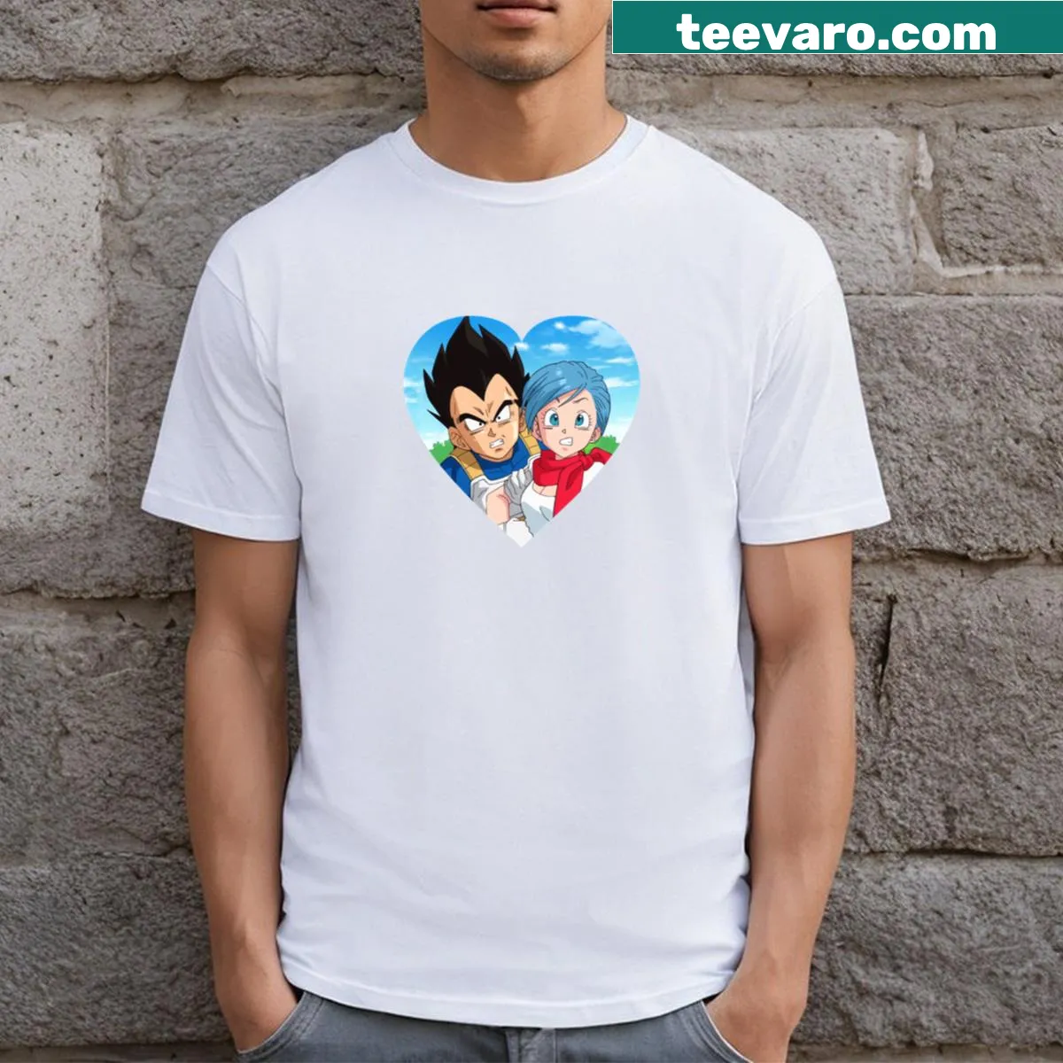 Cute illustration of Bulma and Vegeta on an anime-themed t-shirt — on a men's t-shirt
