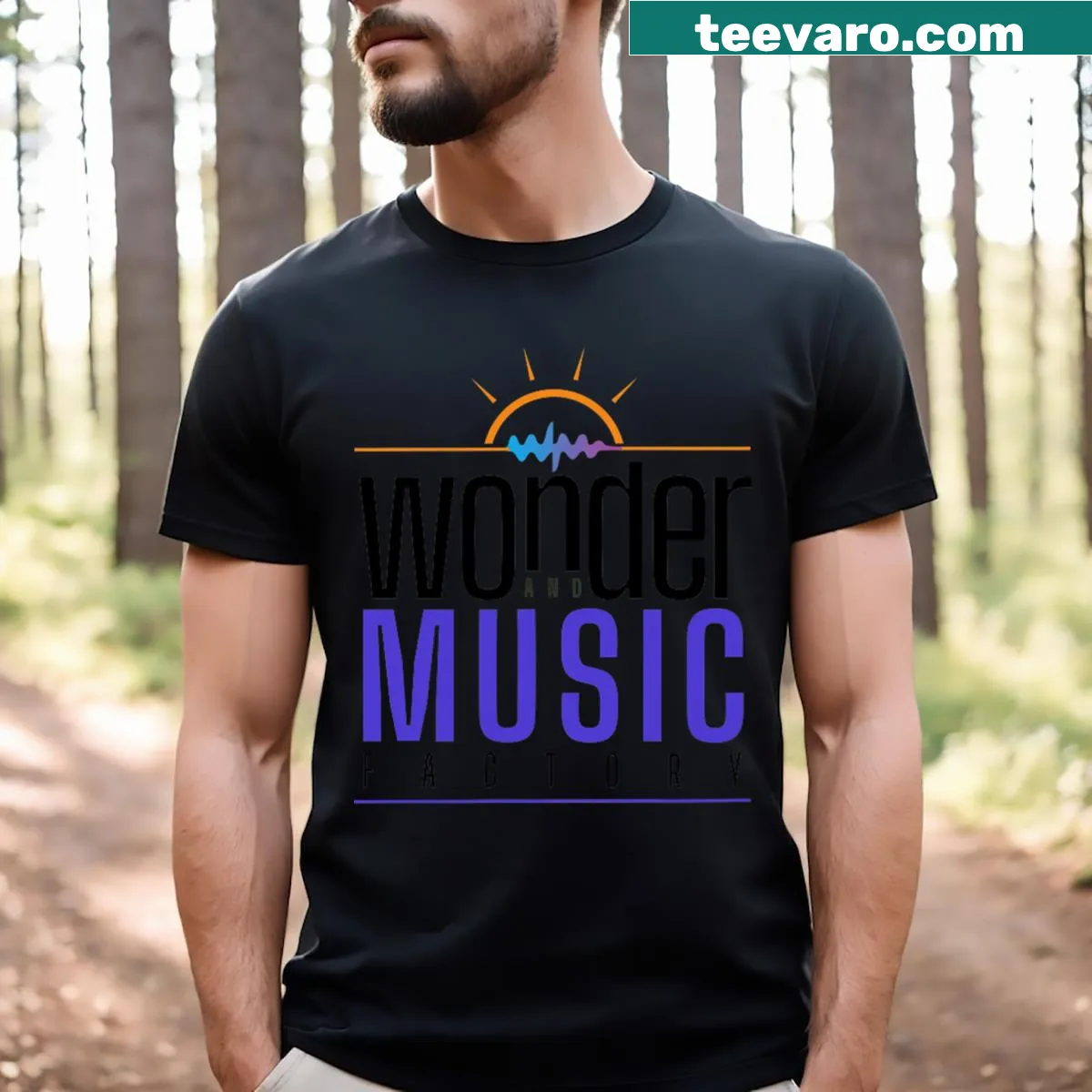 Illustrative music factory design on a whimsical T-shirt — on a men's t-shirt