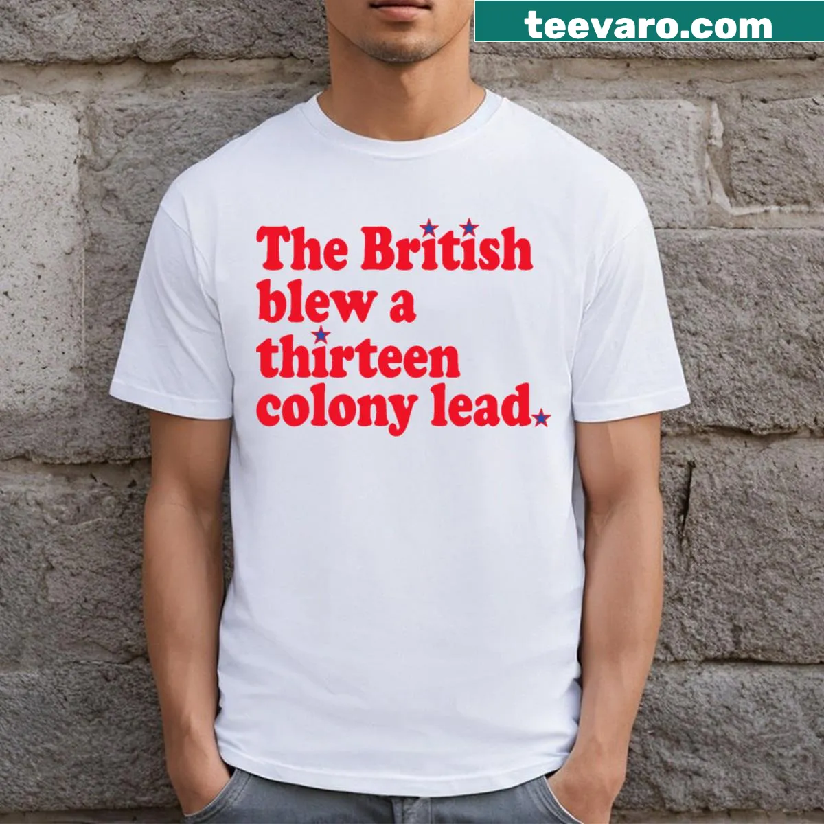 Funny Fourth of July t-shirt with historical reference to British colonies — on a men's t-shirt