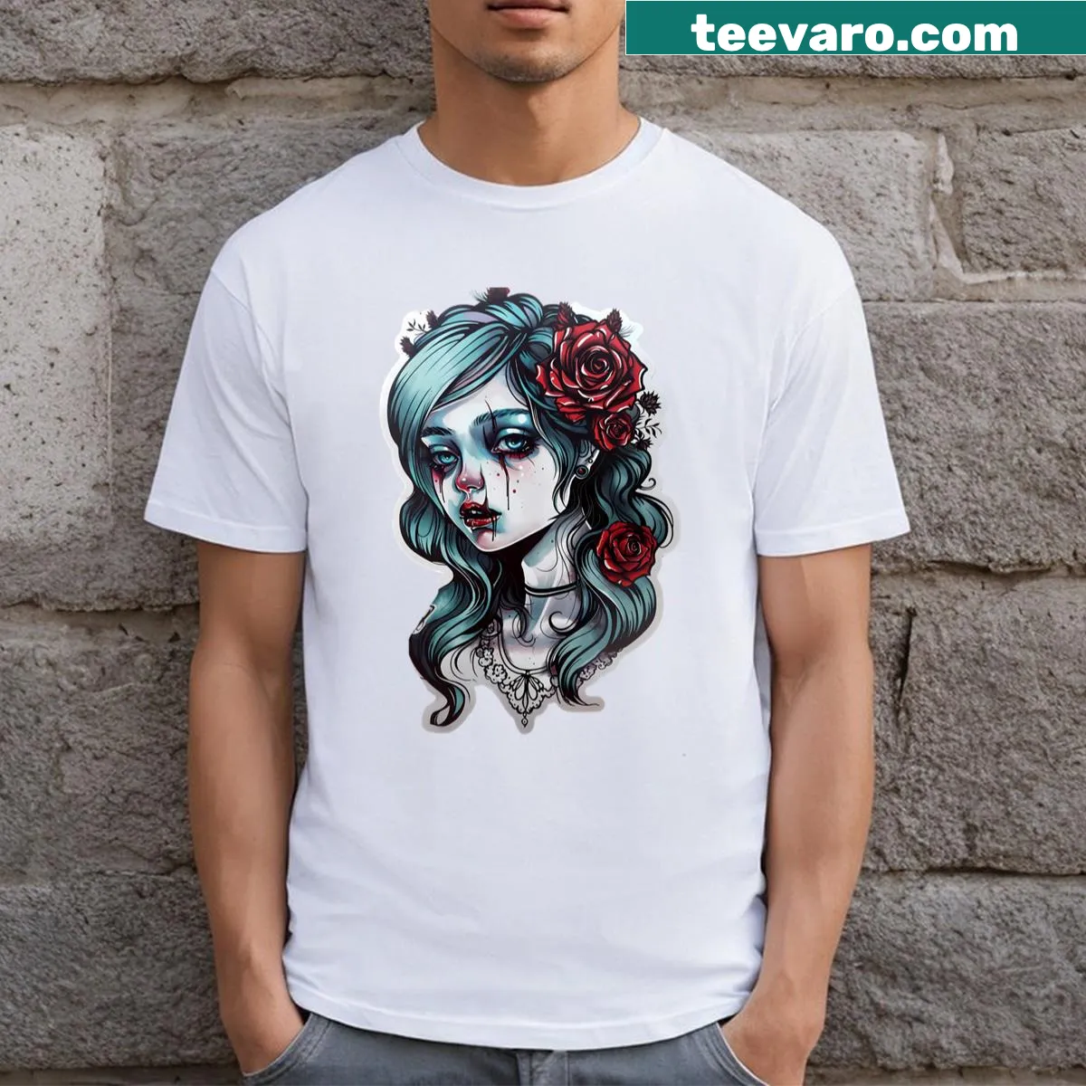 Anime girl with devil horns and pastel goth art for Halloween — on a men's t-shirt