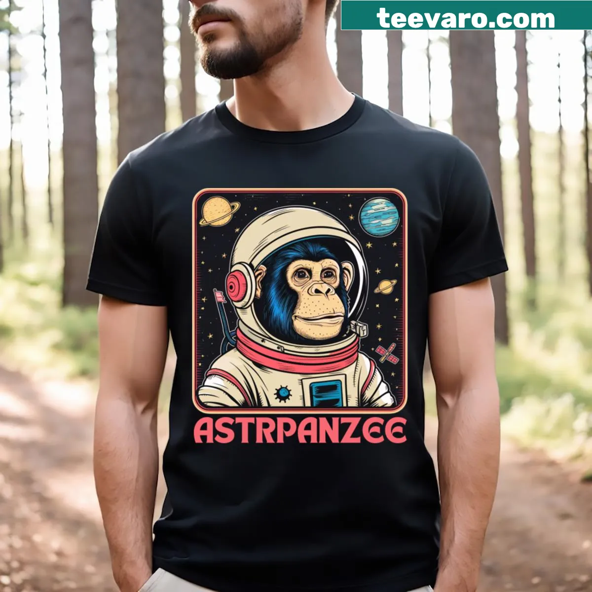 Vintage style Astronaut Chimpanzee graphic on a t-shirt — on a men's t-shirt