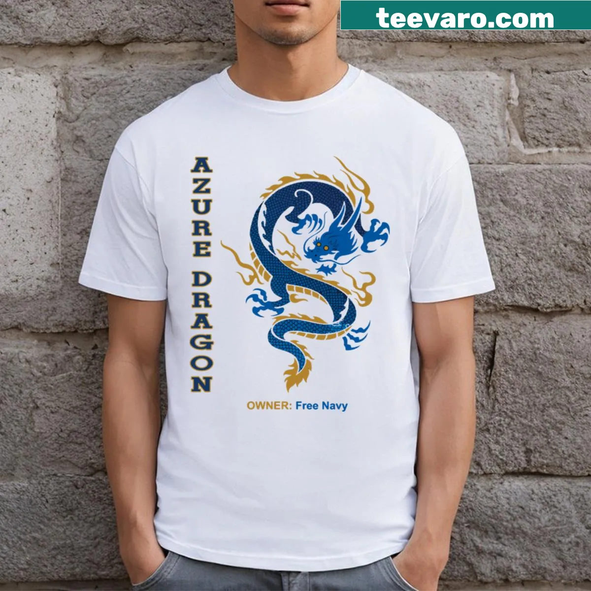 Illustration of an azure dragon wrapped around a navy ship — on a men's t-shirt