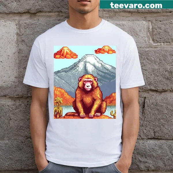 Pixel art baboon graphic on a playful t-shirt