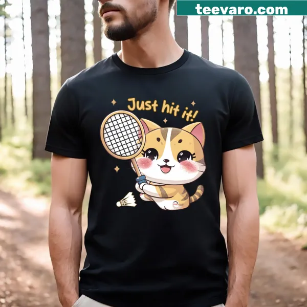 Cute cat playing badminton with text 'Just Hit It'
