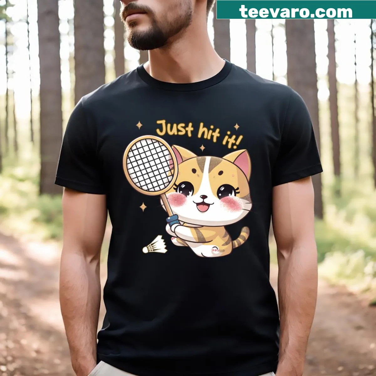 Cute cat playing badminton with text 'Just Hit It' — on a men's t-shirt