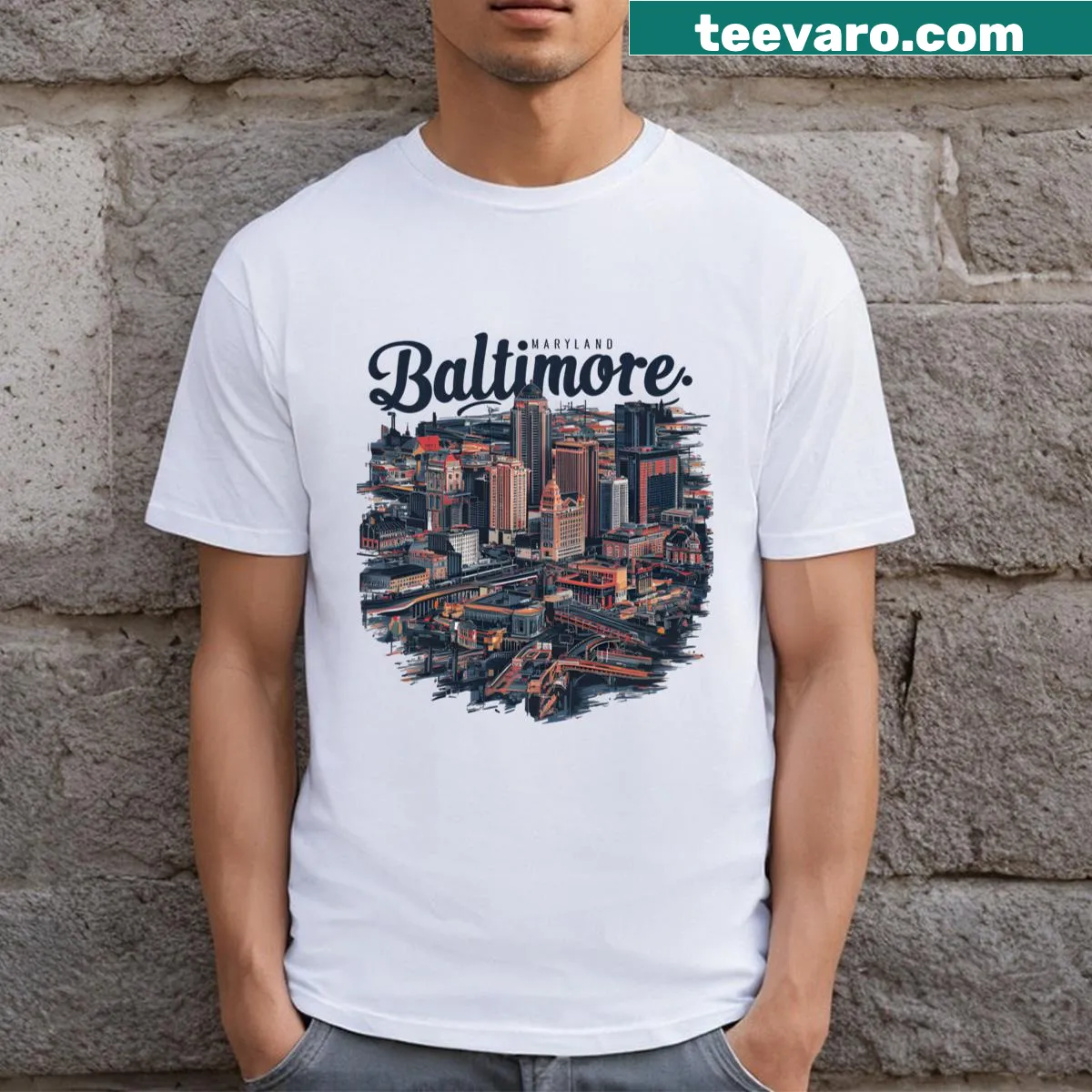 Baltimore Maryland themed t-shirt featuring city elements — on a men's t-shirt