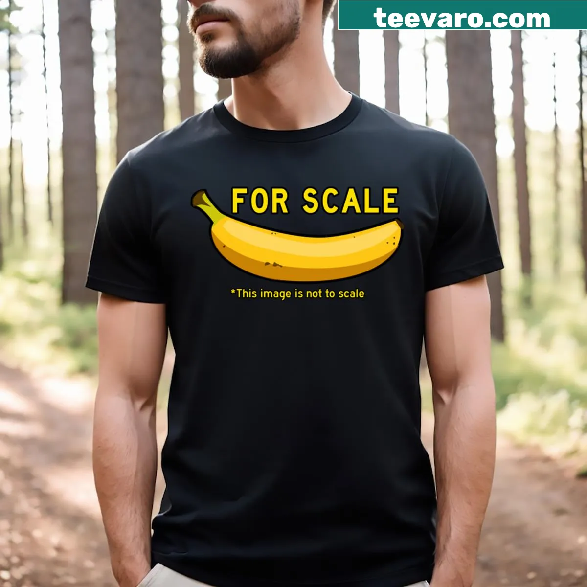 Cartoon-style shirt featuring a banana for scale graphic — on a men's t-shirt