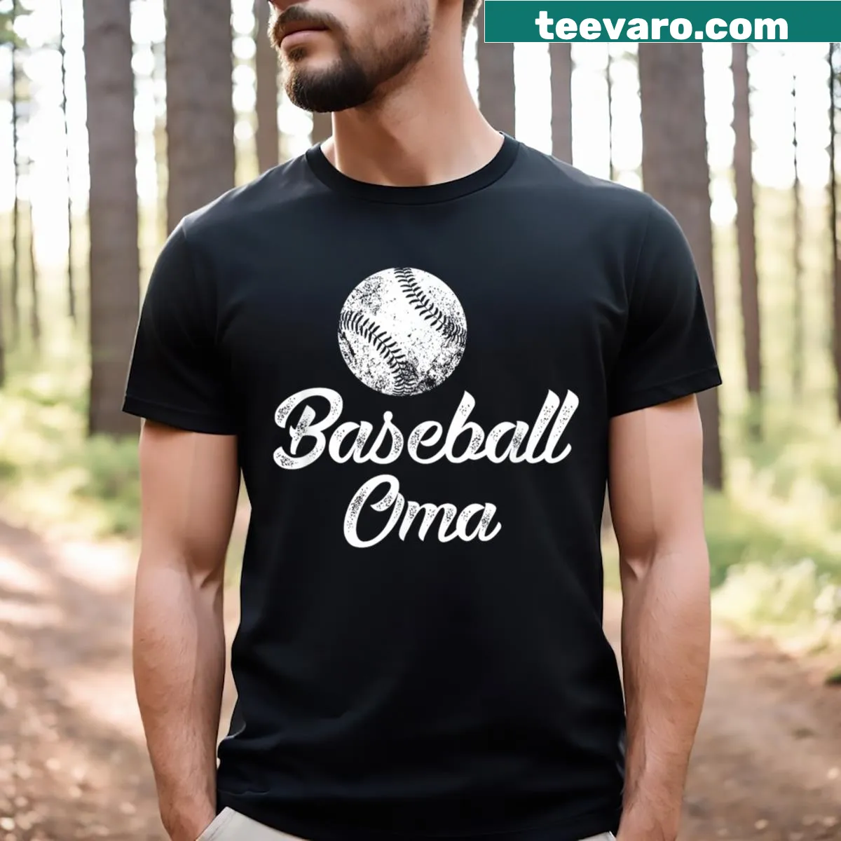 Funny baseball t-shirt for grandmas with 'Baseball Oma' text — on a men's t-shirt