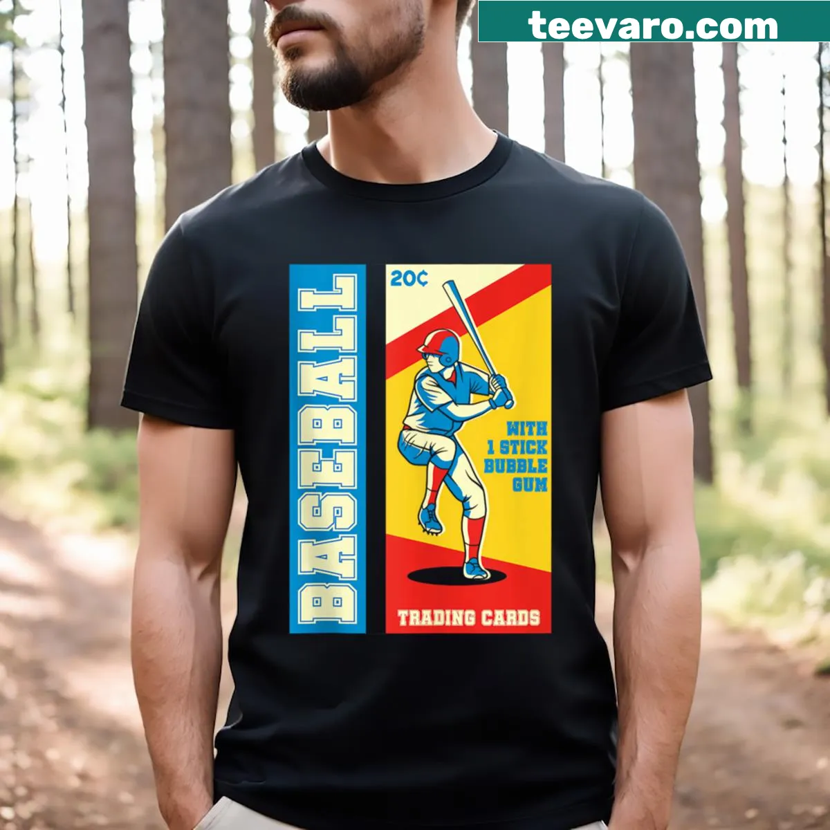 T-shirt featuring baseball trading cards graphic. — on a men's t-shirt