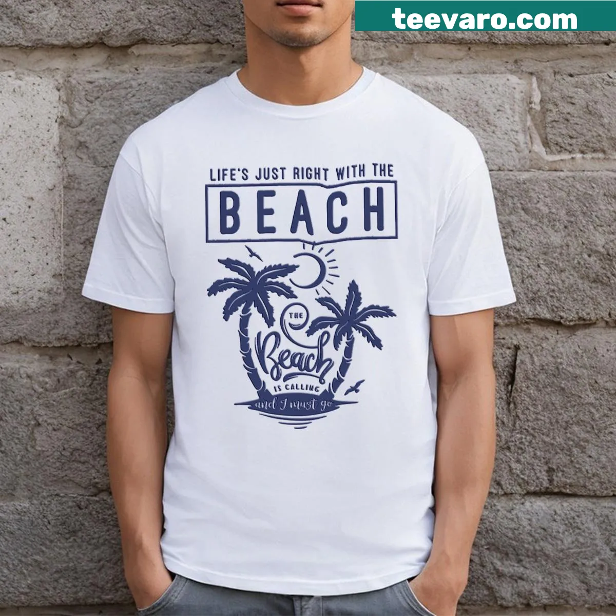 Hand-drawn T-shirt with the slogan Beach Is Calling. — on a men's t-shirt