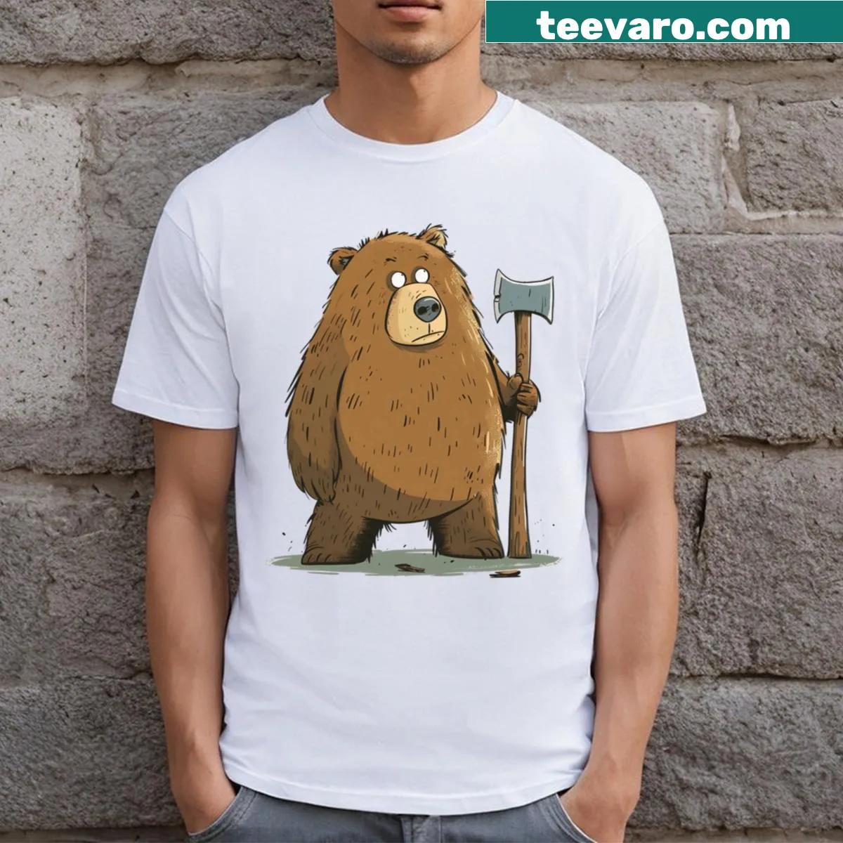 T-shirt featuring a bear holding an axe graphic. — on a men's t-shirt