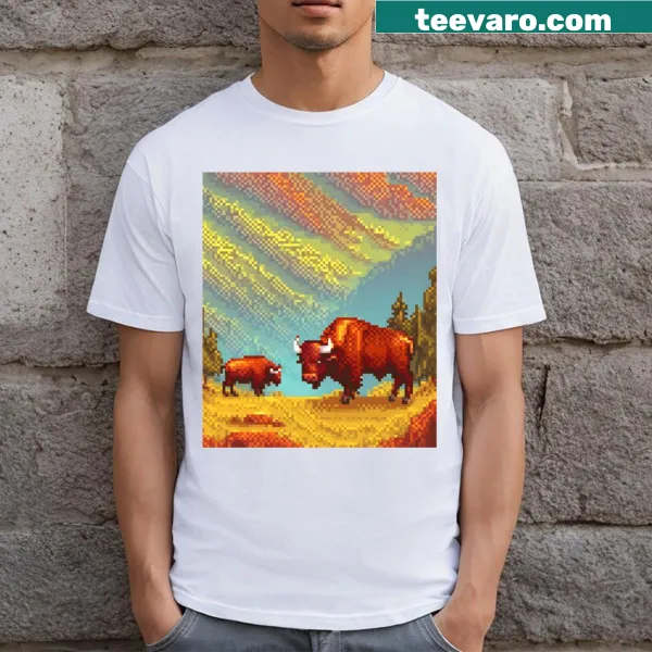 Pixel art bison graphic on a t-shirt