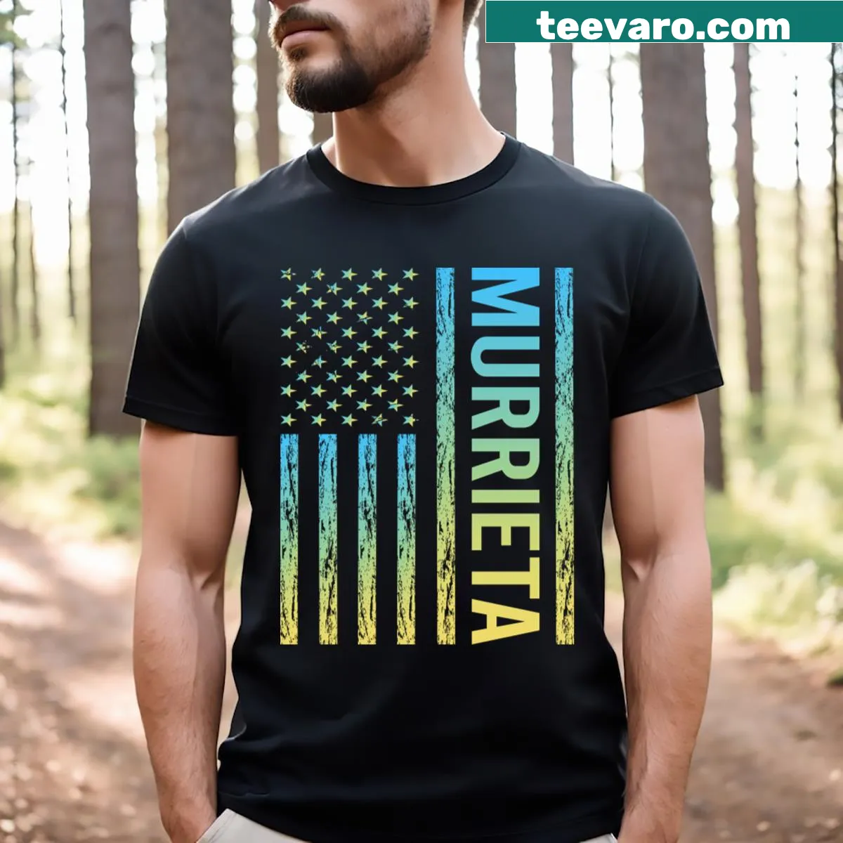 Murrieta flag design T-shirt featuring blue and yellow colors — on a men's t-shirt