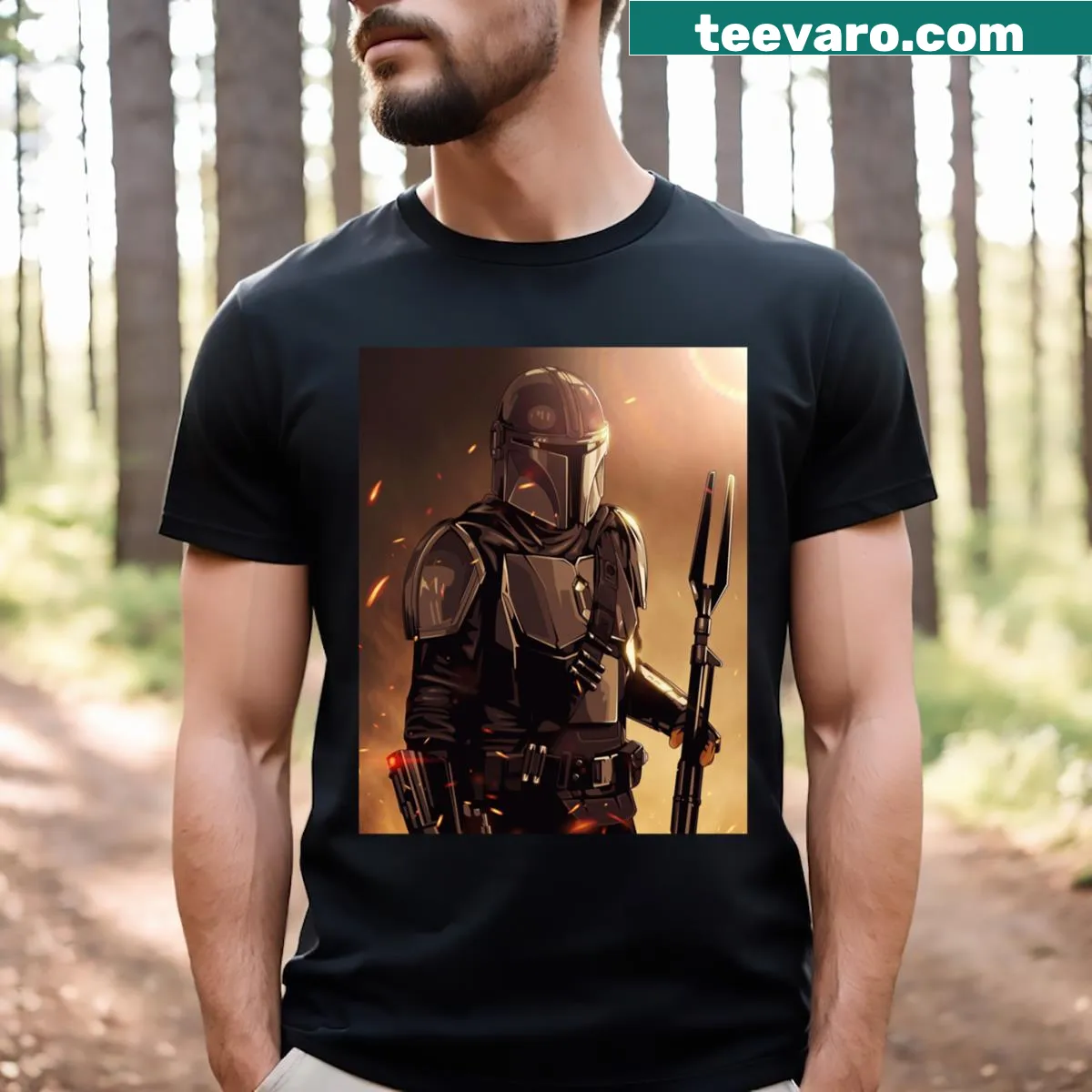 Illustrative T-shirt featuring a bounty hunter character with a sniper rifle — on a men's t-shirt