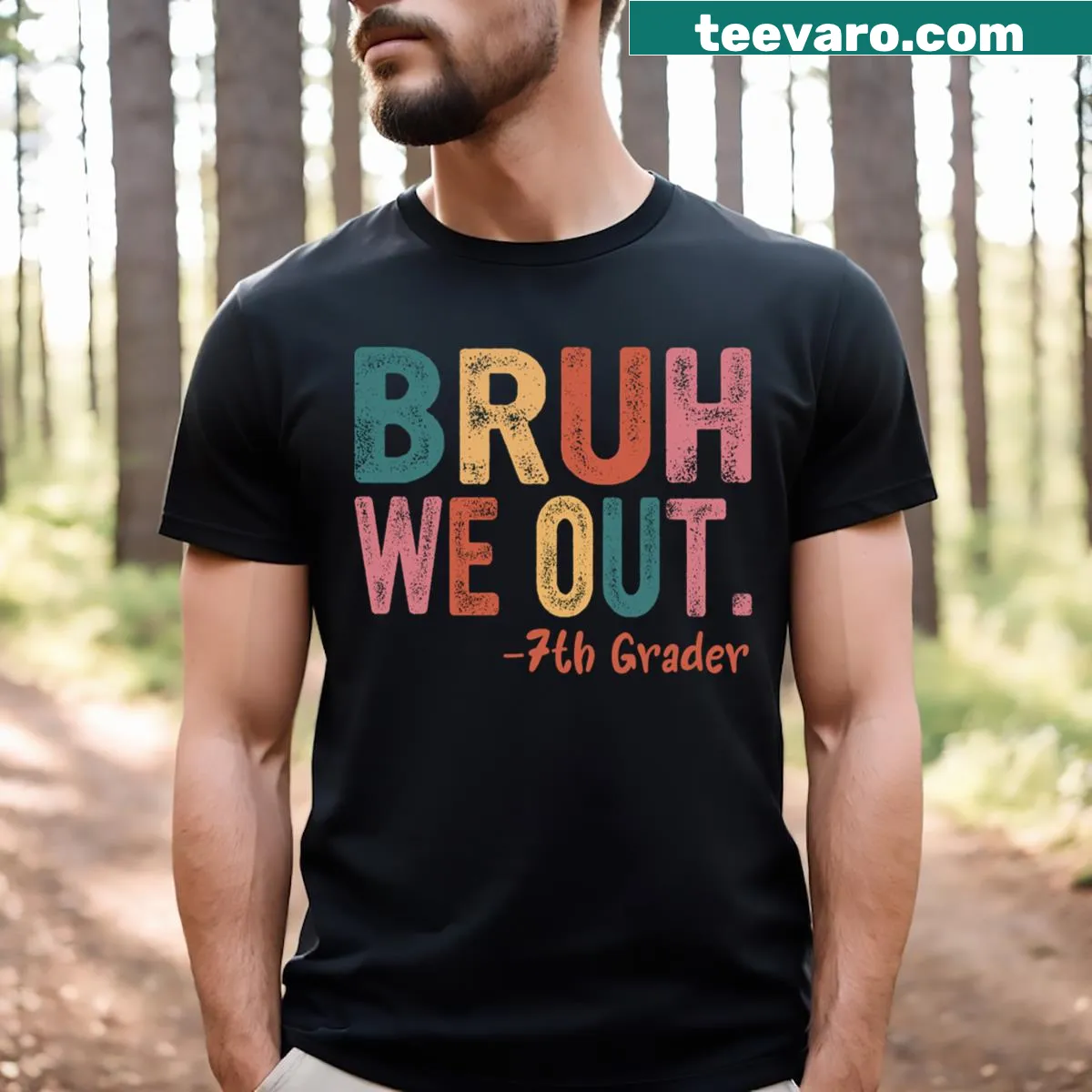 Vintage distressed t-shirt featuring the phrase 'Bruh We Out' for students. — on a men's t-shirt