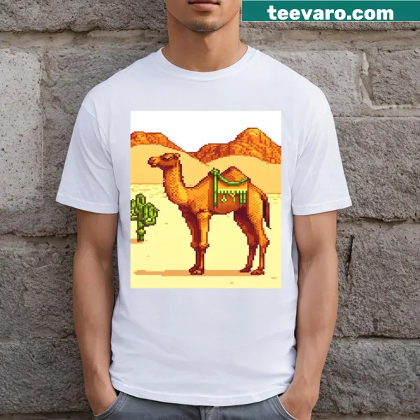 Pixel art camel illustrated on a fun t-shirt