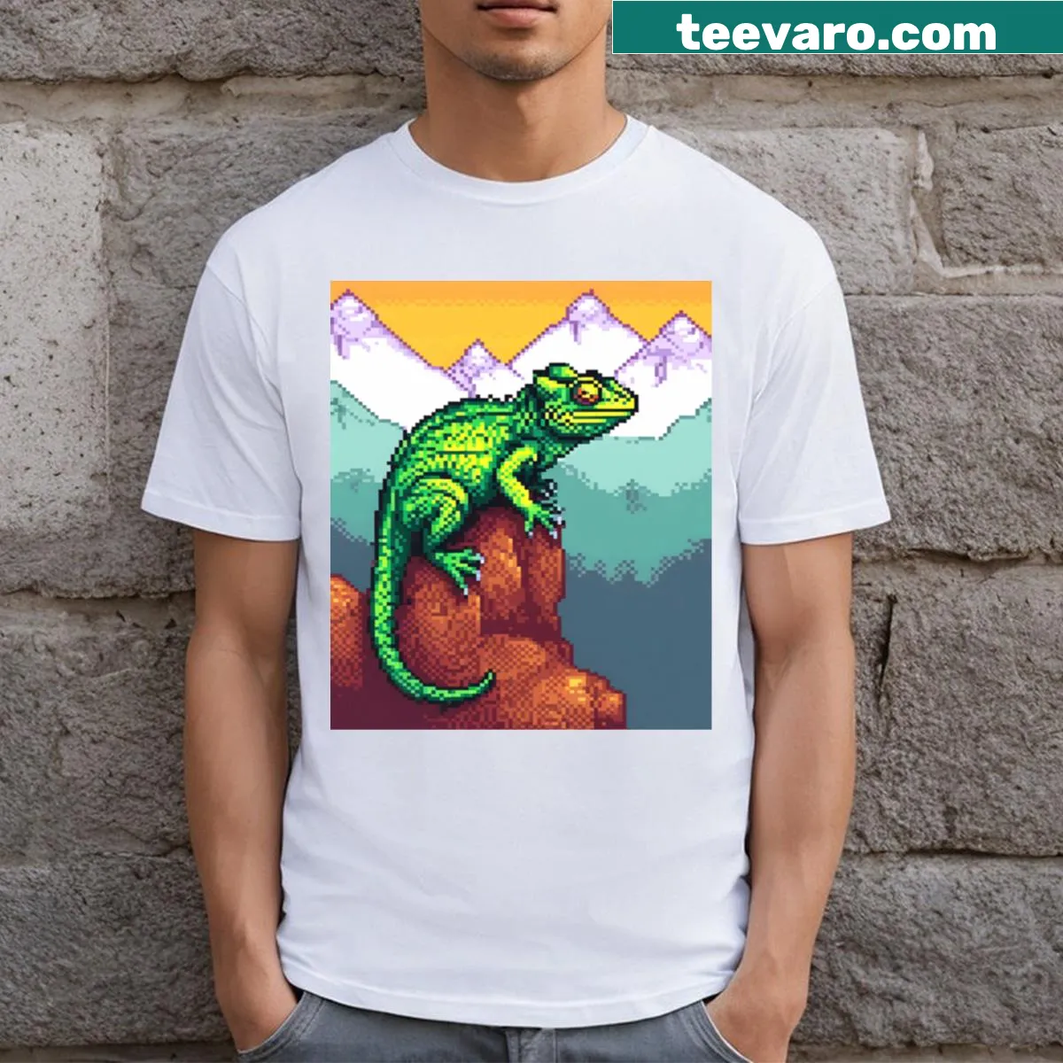 Pixel art t-shirt featuring a chameleon design. — on a men's t-shirt