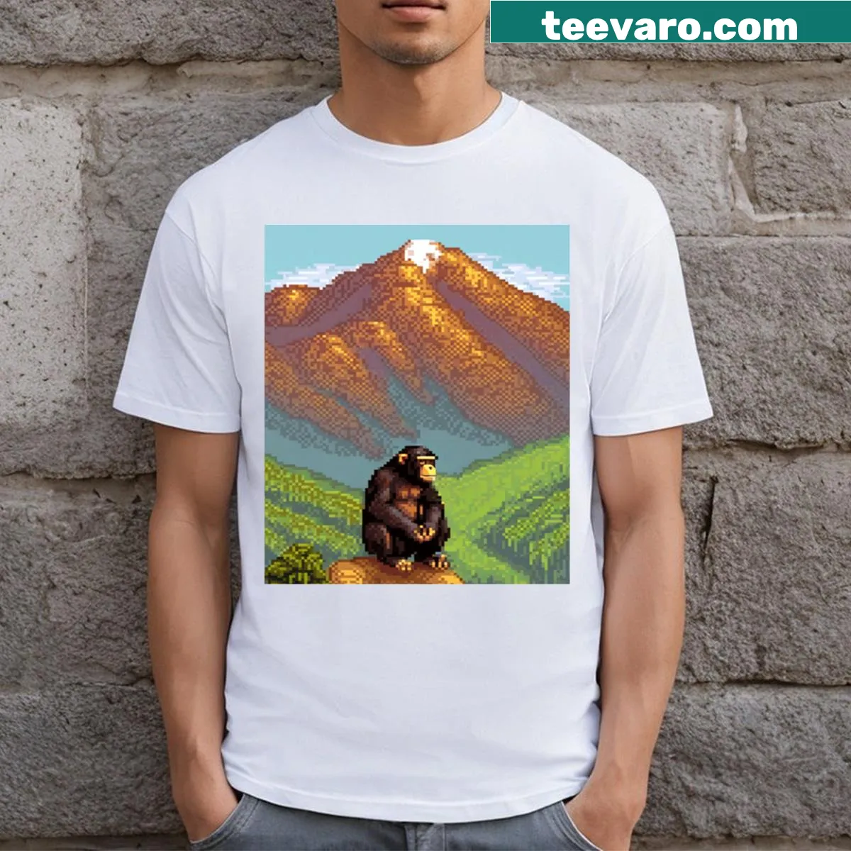 Pixel art chimpanzee design on a T-shirt — on a men's t-shirt