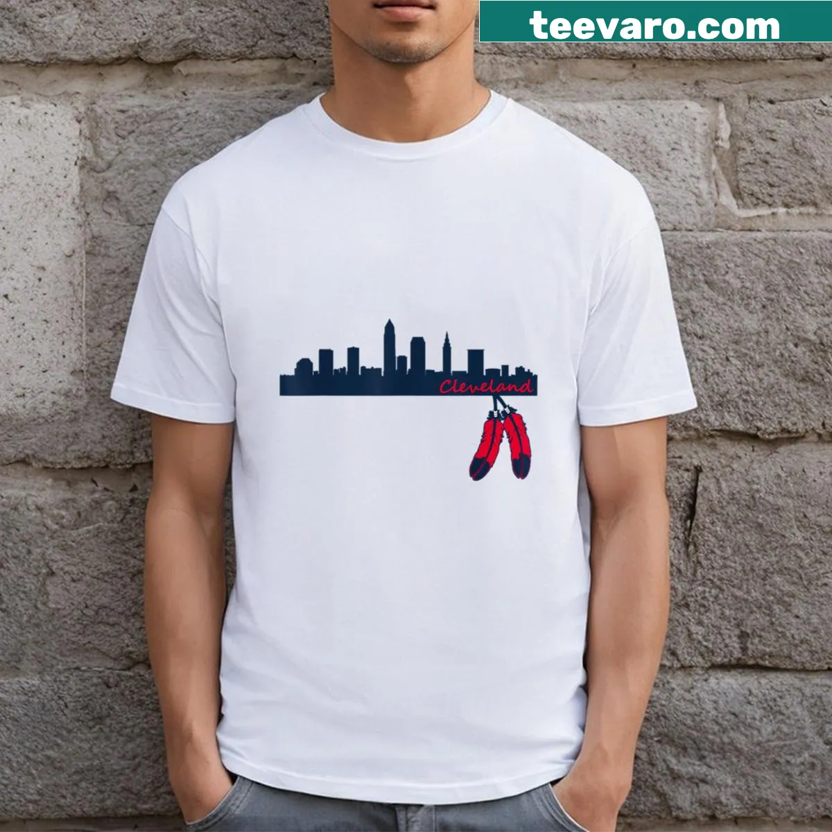 Cleveland skyline with a Native American feather illustration on a T-shirt. — on a men's t-shirt