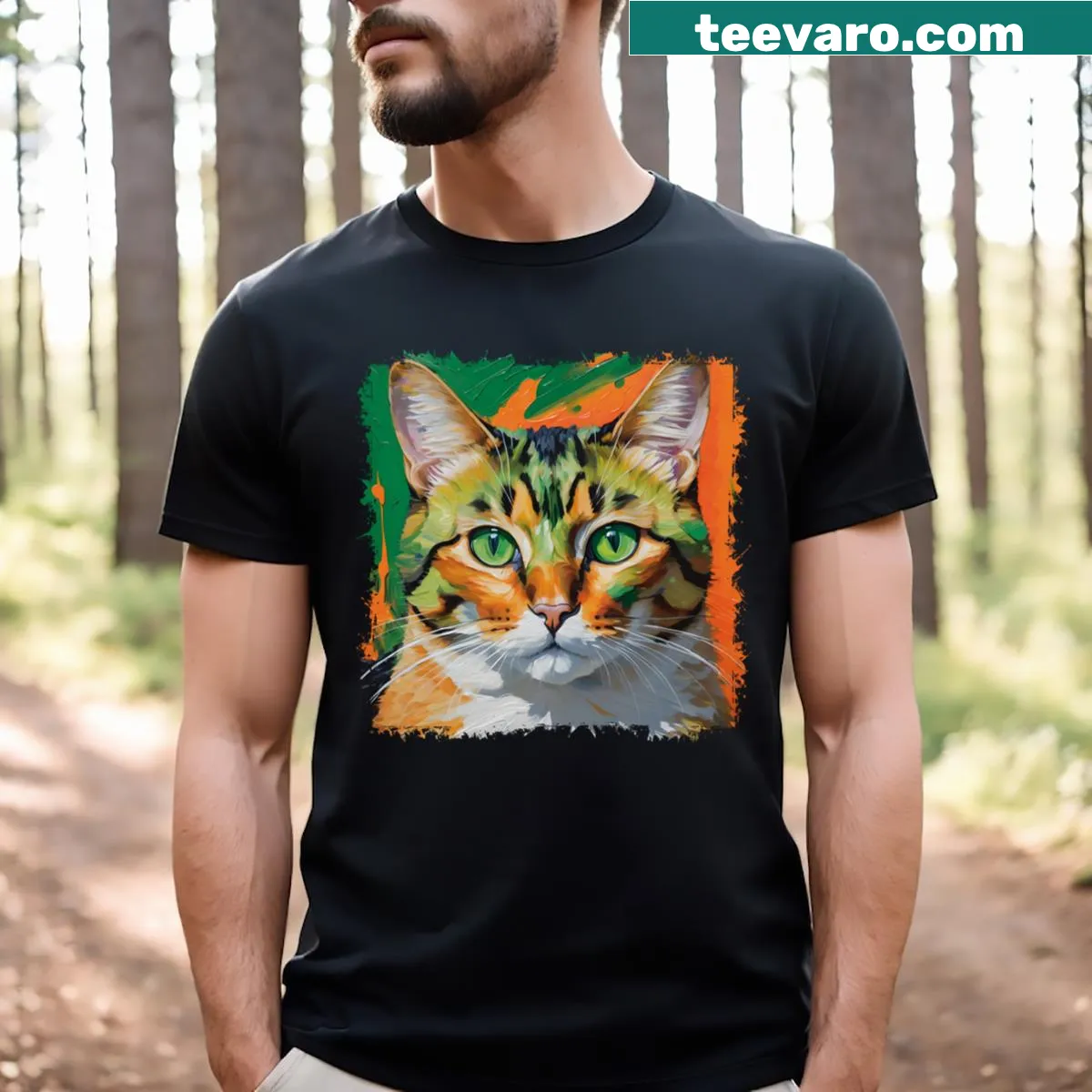 Artistic cat face T-shirt with a painting style design — on a men's t-shirt