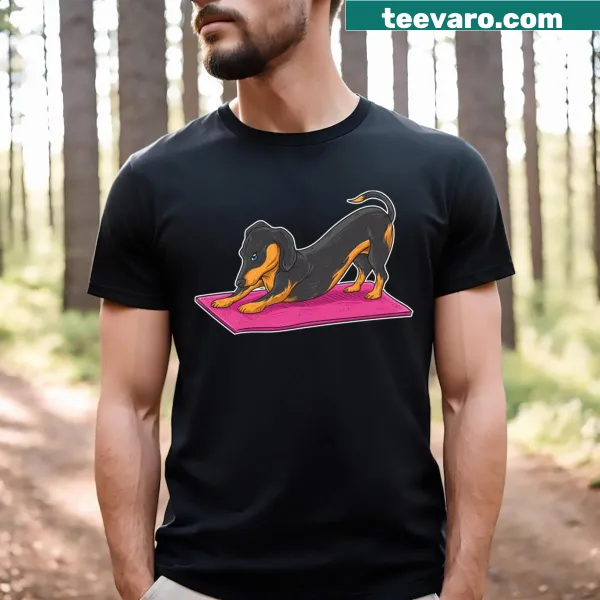 T-shirt featuring dachshunds in yoga poses, designed for dog lovers
