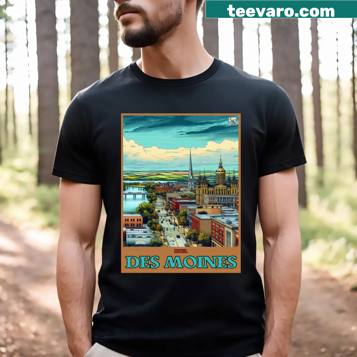 T-shirt featuring 'Des Moines Iowa' in bold lettering — on a men's t-shirt
