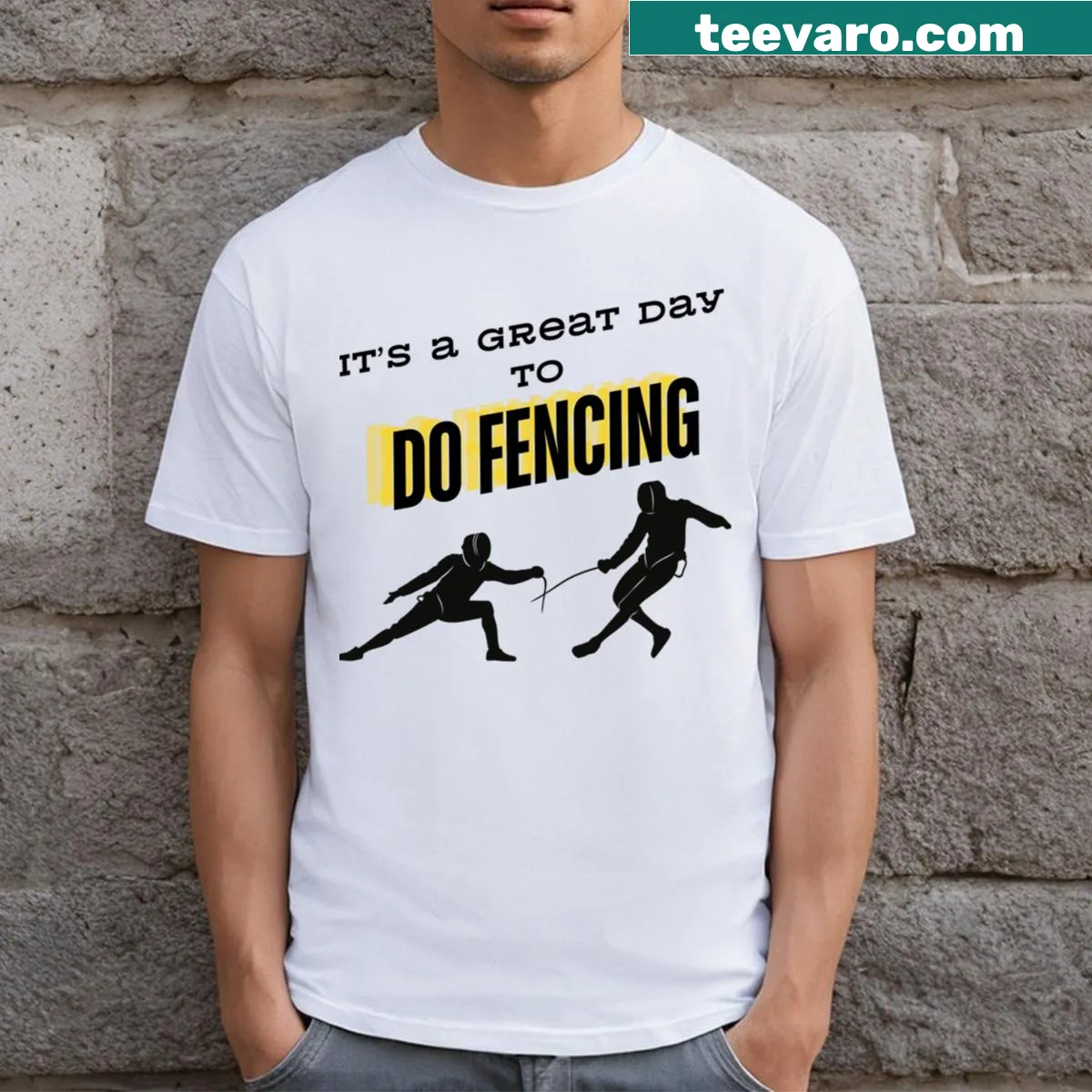 T-shirt promoting the sport of fencing — on a men's t-shirt