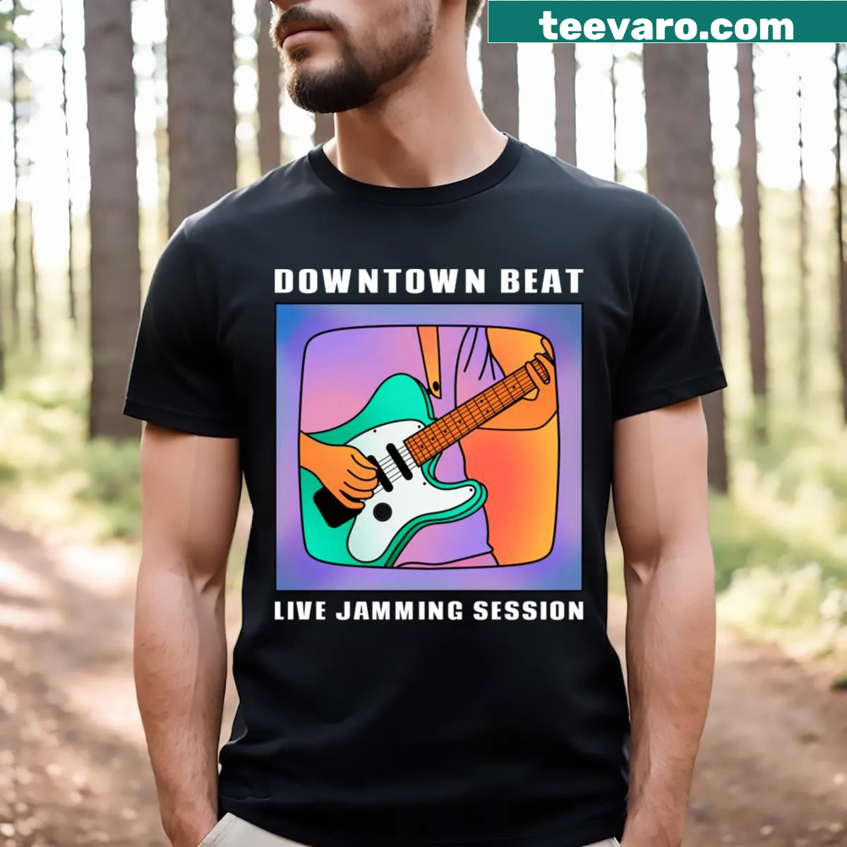 Illustrative t-shirt inspired by live music and downtown vibes. — on a men's t-shirt
