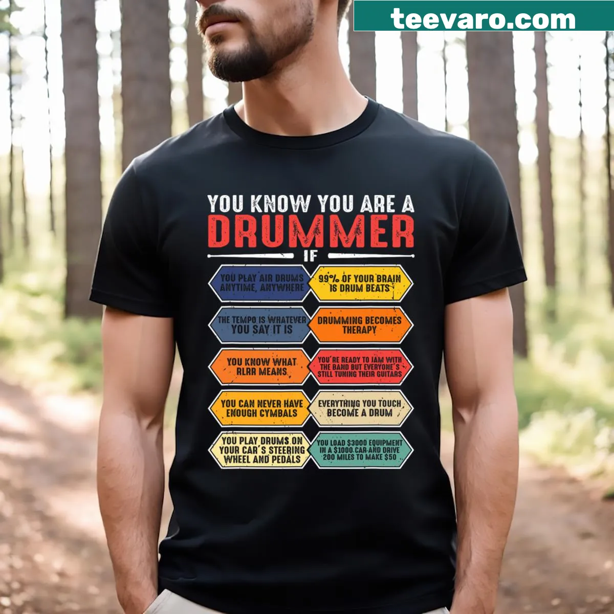 Funny drummer t-shirt with drumsticks and humorous text — on a men's t-shirt