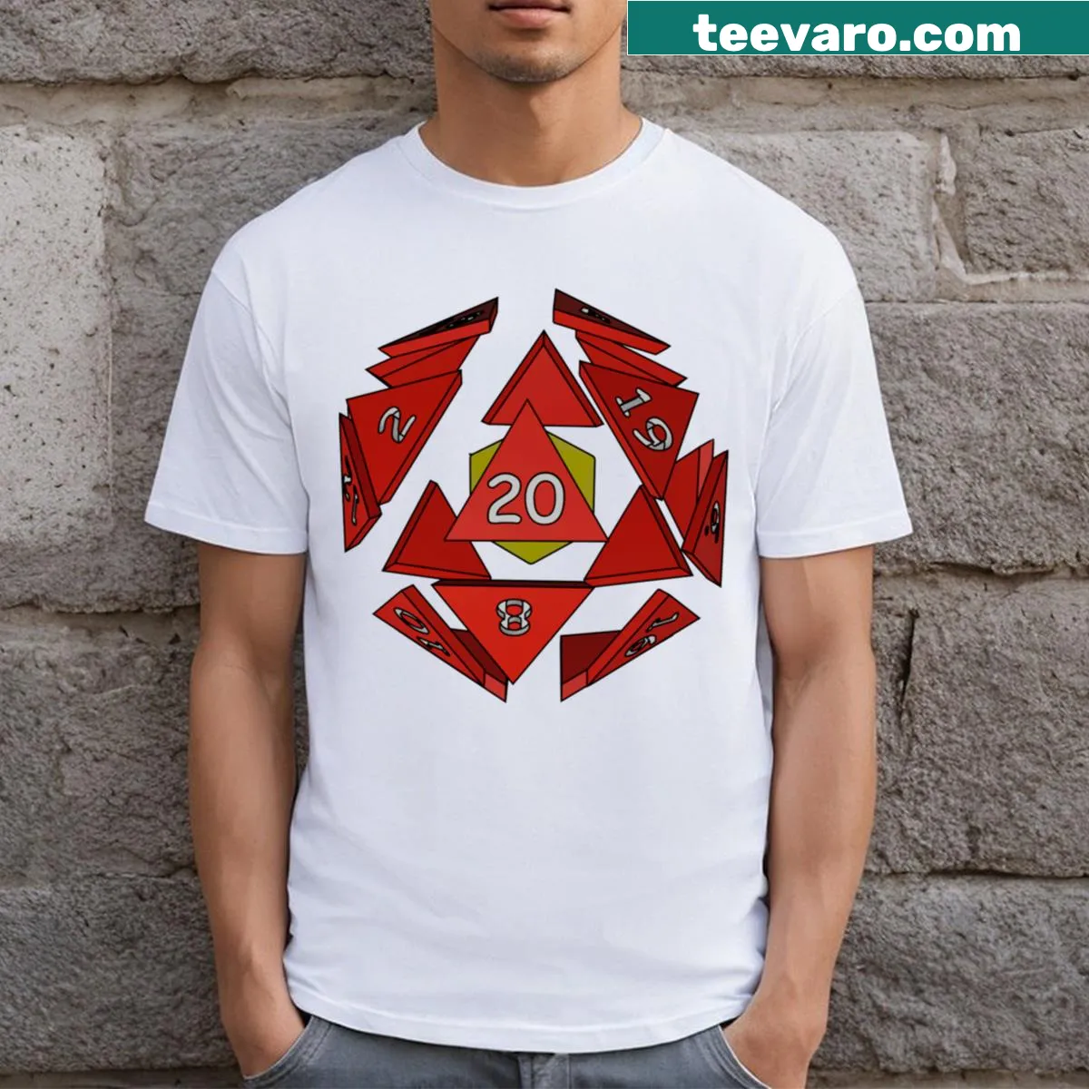 D20 die exploding graphic T-shirt inspired by Dungeons and Dragons — on a men's t-shirt