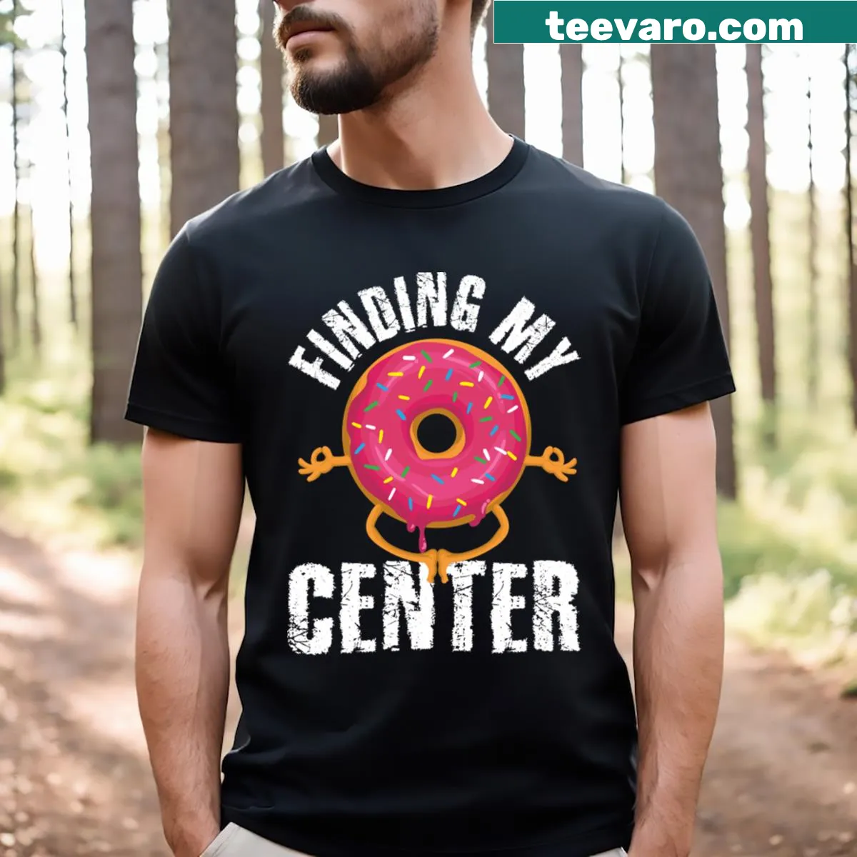 Funny yoga t-shirt with donuts and a humorous slogan — on a men's t-shirt