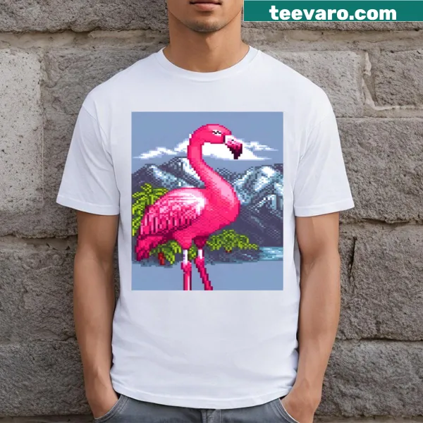 Pixel art t-shirt featuring a flamingo design