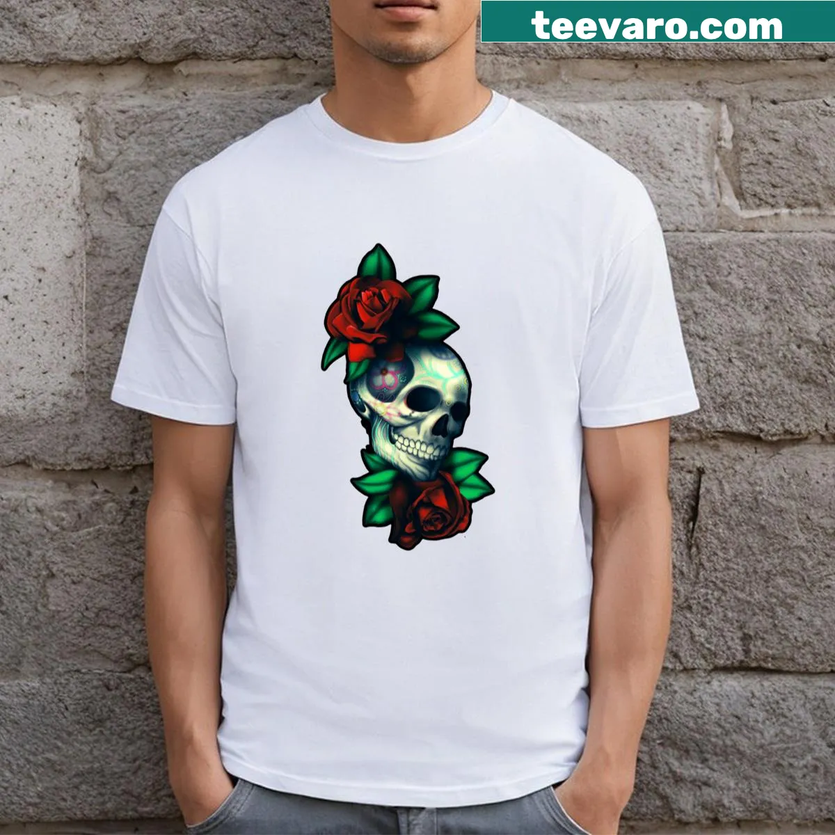 Illustrated Flower Calavera t-shirt with floral designs on a skull — on a men's t-shirt