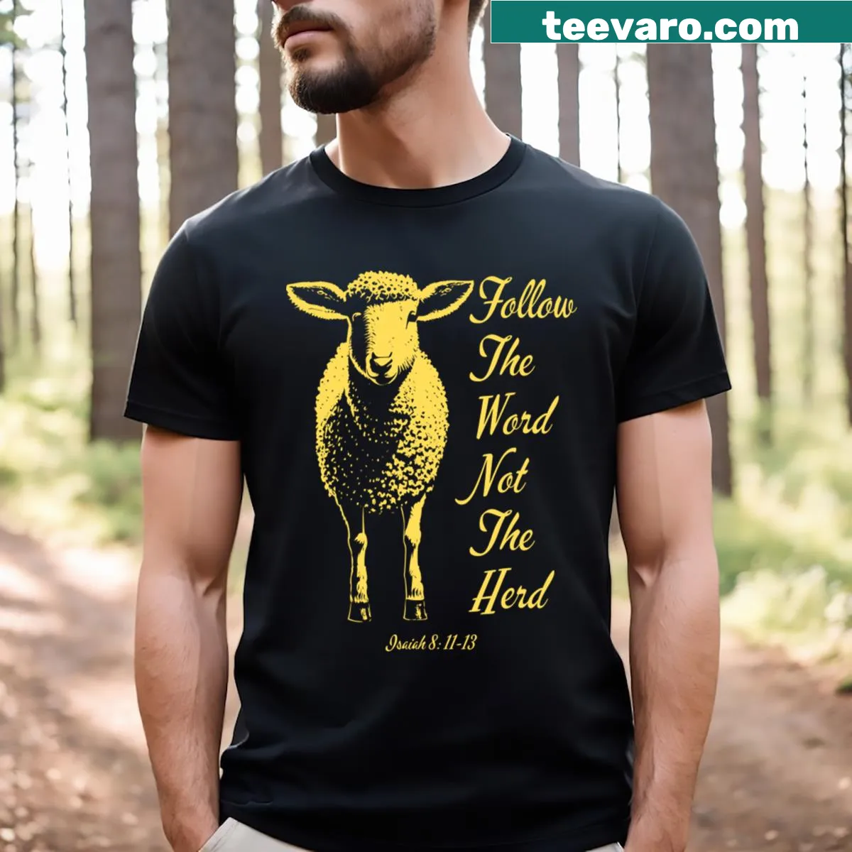 Typography t-shirt featuring Bible verse with sheep design — on a men's t-shirt