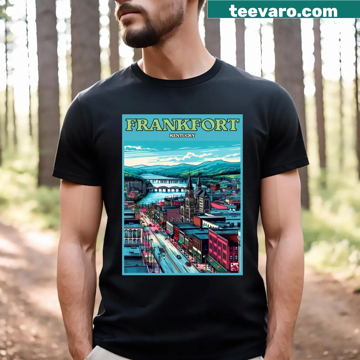 T-shirt featuring design elements representative of Frankfort, Kentucky — on a men's t-shirt