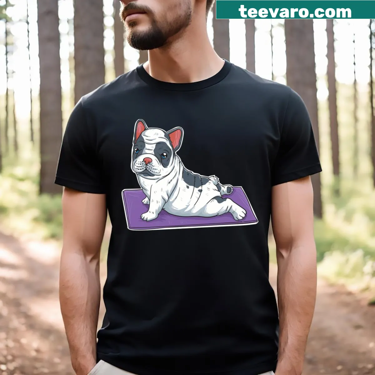 Funny yoga t-shirt with French Bulldog in a yoga pose — on a men's t-shirt