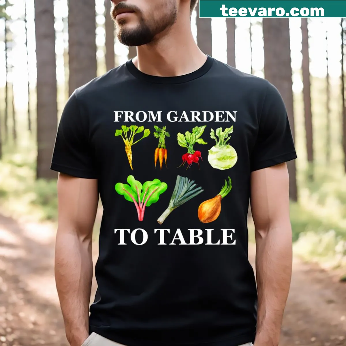 T-shirt featuring garden vegetables and the theme of food gardening — on a men's t-shirt