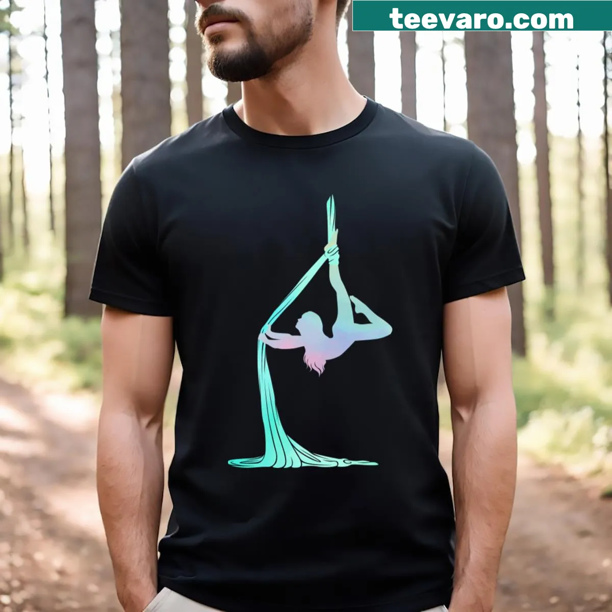 Aerial silk yoga themed t-shirt with funny graphic and text — on a men's t-shirt