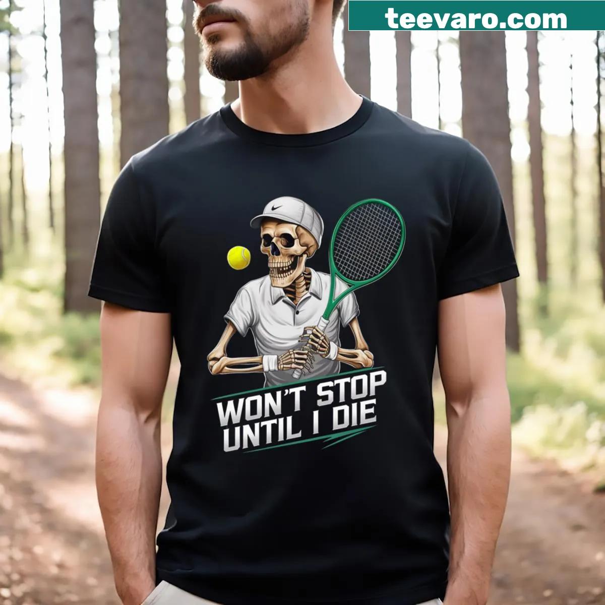 Skeleton with tennis racket and funny text on t-shirt — on a men's t-shirt