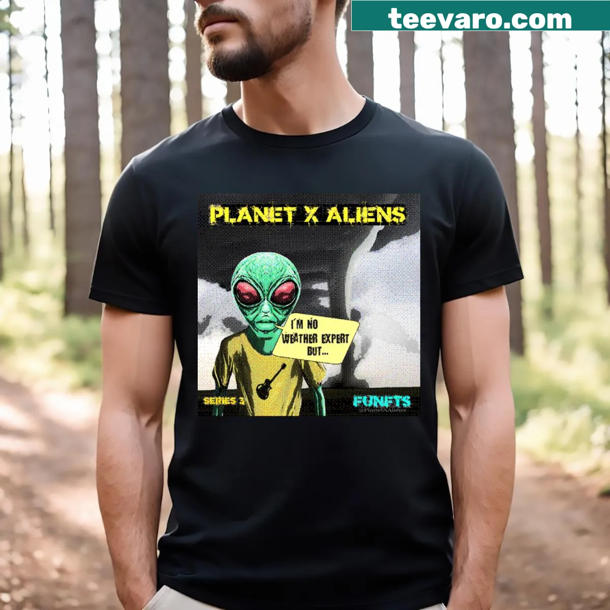 Cartoon alien themed retro t-shirt from the 80s — on a men's t-shirt