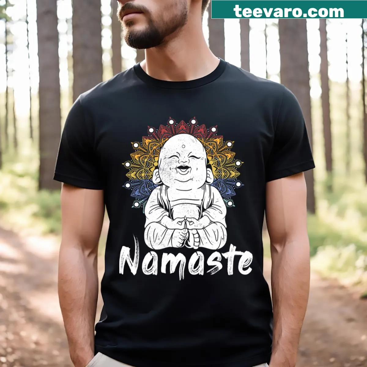 Funny T-shirt with Buddha graphic and Namaste text for yoga lovers — on a men's t-shirt