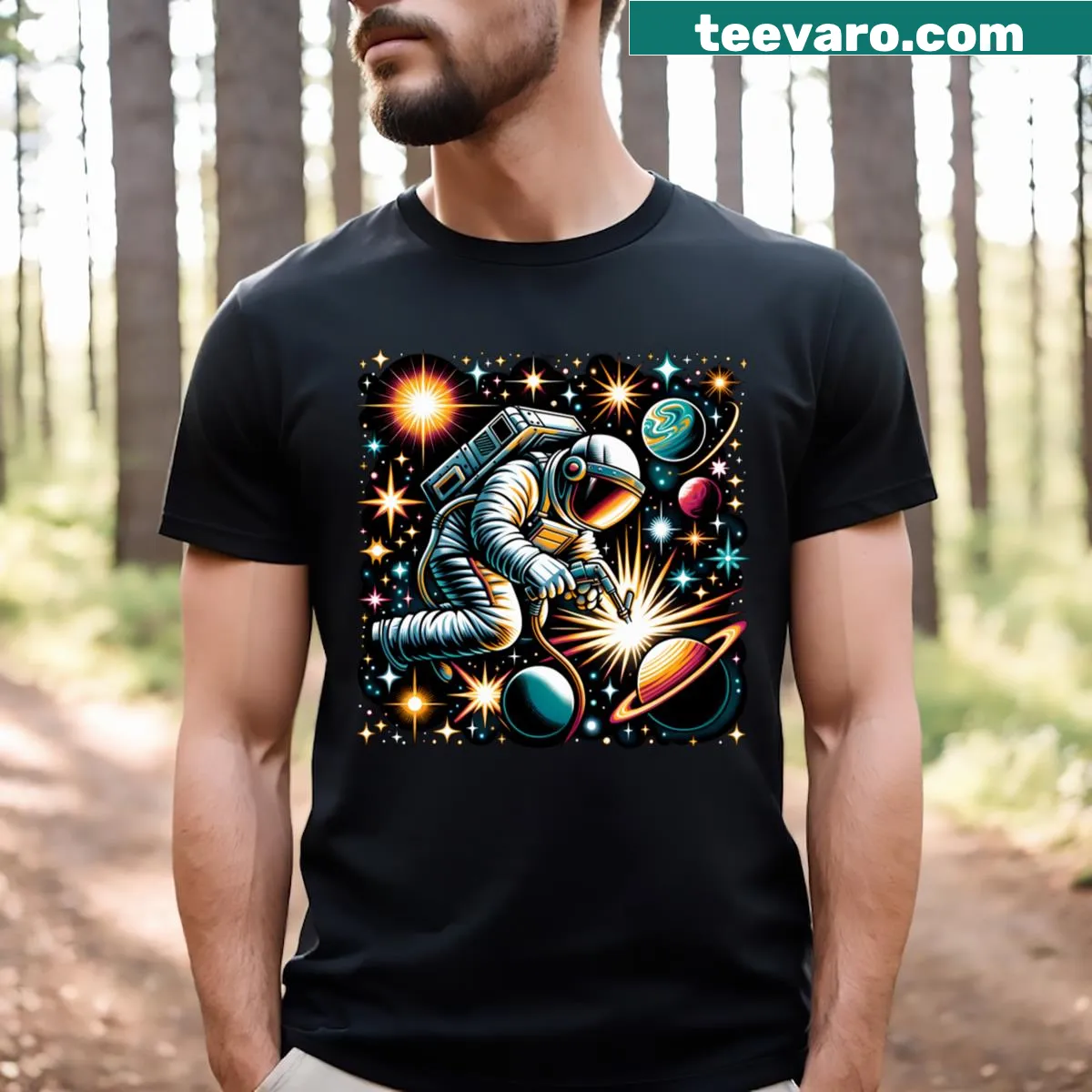 Funny astronaut in space welding graphic T-shirt — on a men's t-shirt