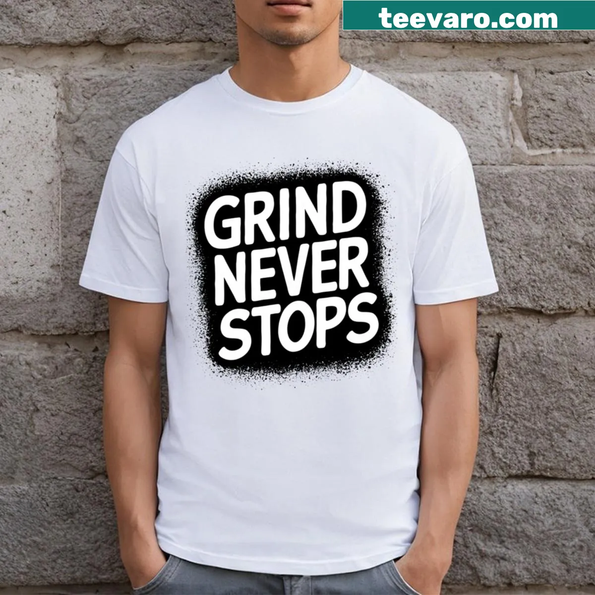 Text design stating 'Grind Never Stops' — on a men's t-shirt
