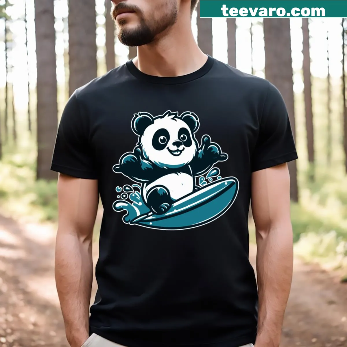 Cute illustration of a happy panda on a t-shirt, radiating joy and warmth. — on a men's t-shirt