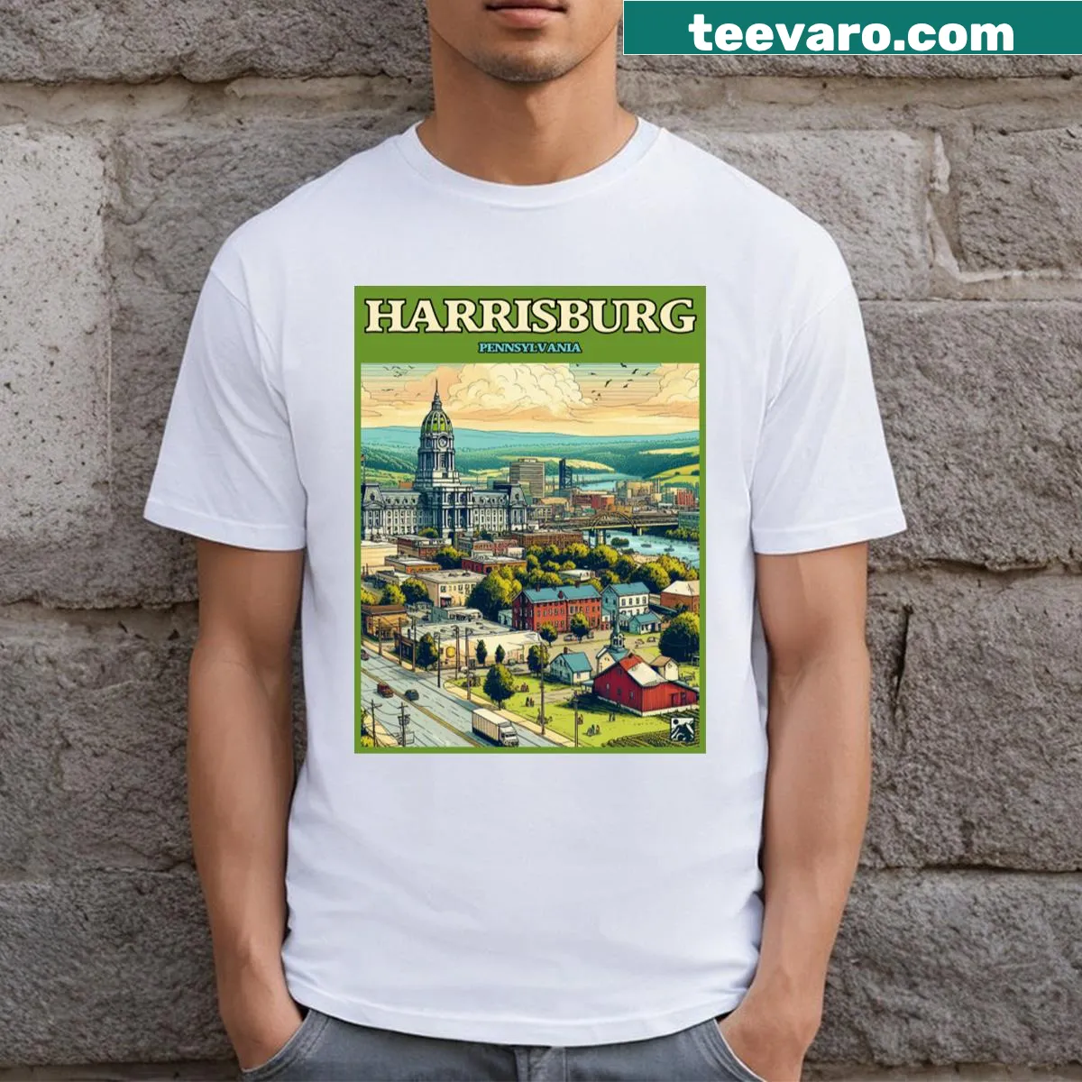 Illustration representing Harrisburg Pennsylvania on a t-shirt — on a men's t-shirt