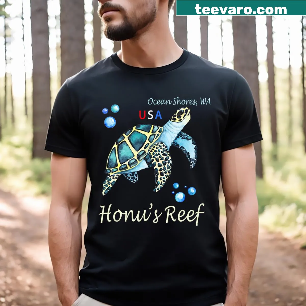 T-shirt featuring beach and ocean-inspired design from Honus Reef in Washington — on a men's t-shirt