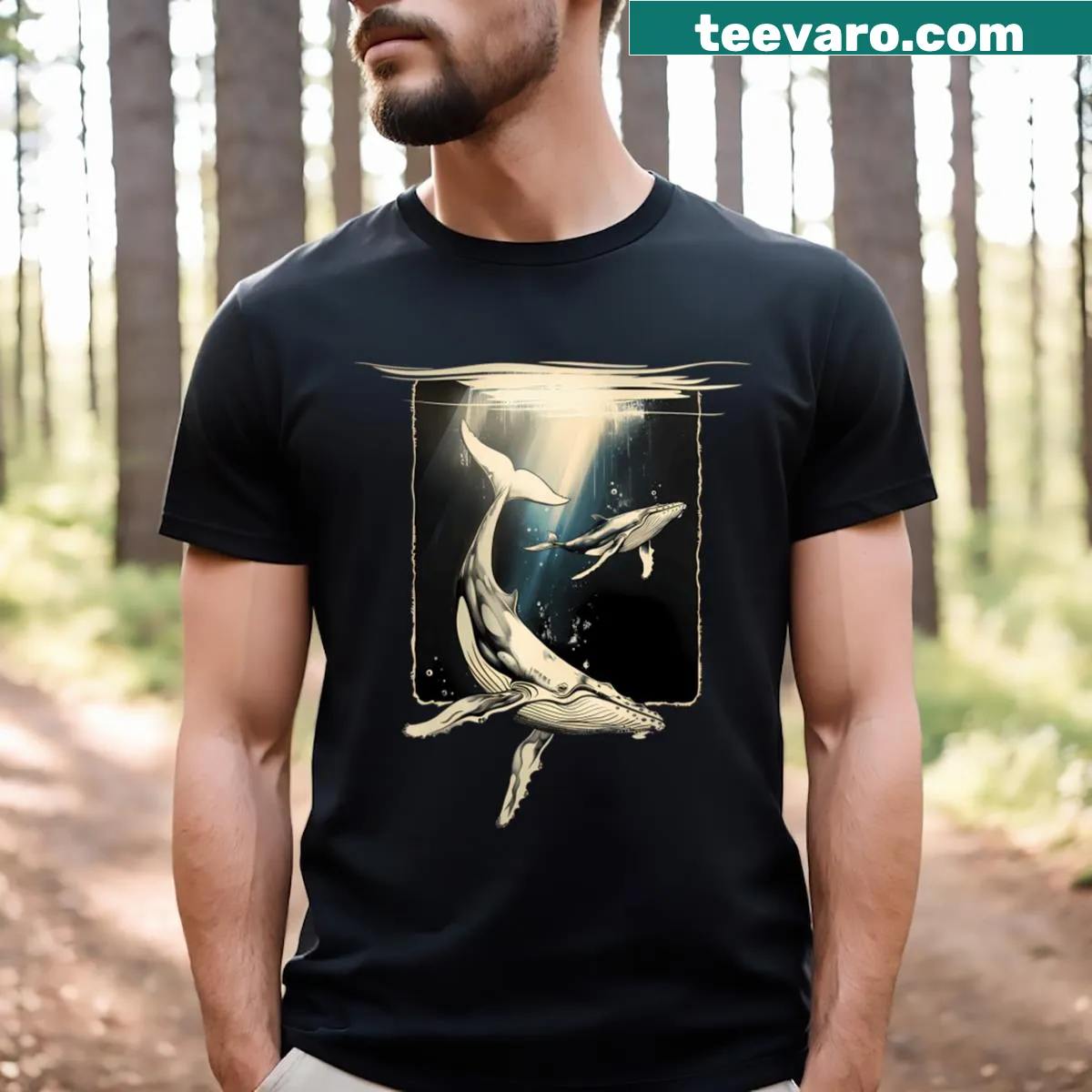 Illustration of various whales on a t-shirt celebrating marine life — on a men's t-shirt