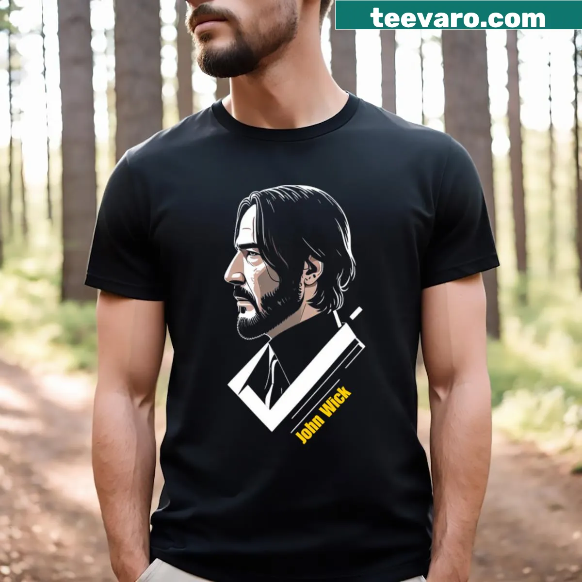 Illustrative John Wick shirt featuring the iconic character — on a men's t-shirt