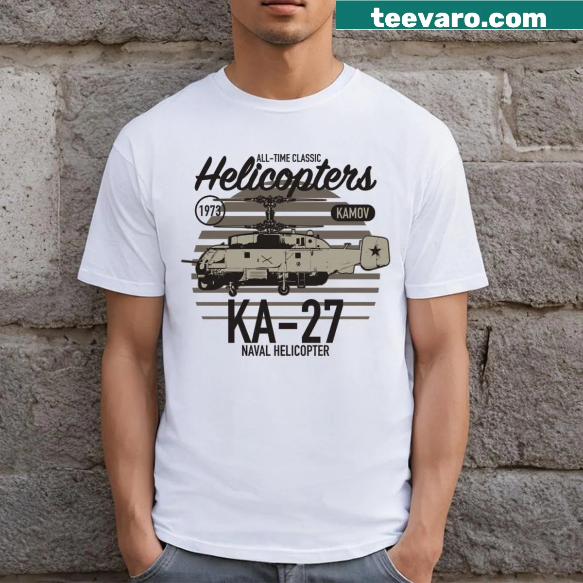 Kamov Ka 27 helicopter graphic t-shirt — on a men's t-shirt